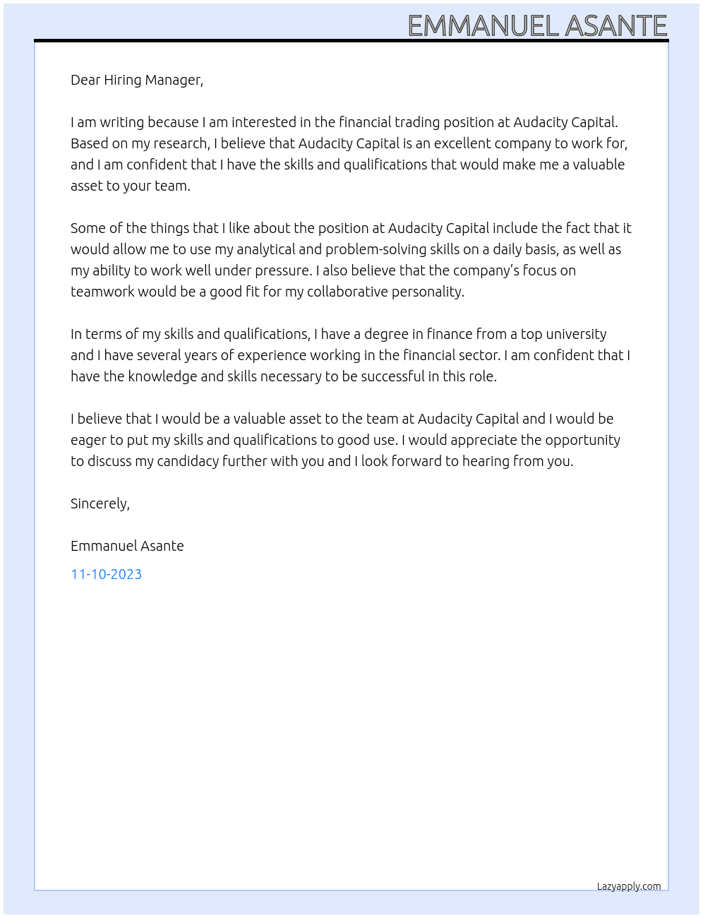 Financial Trading At Audacity Capital Cover Letter