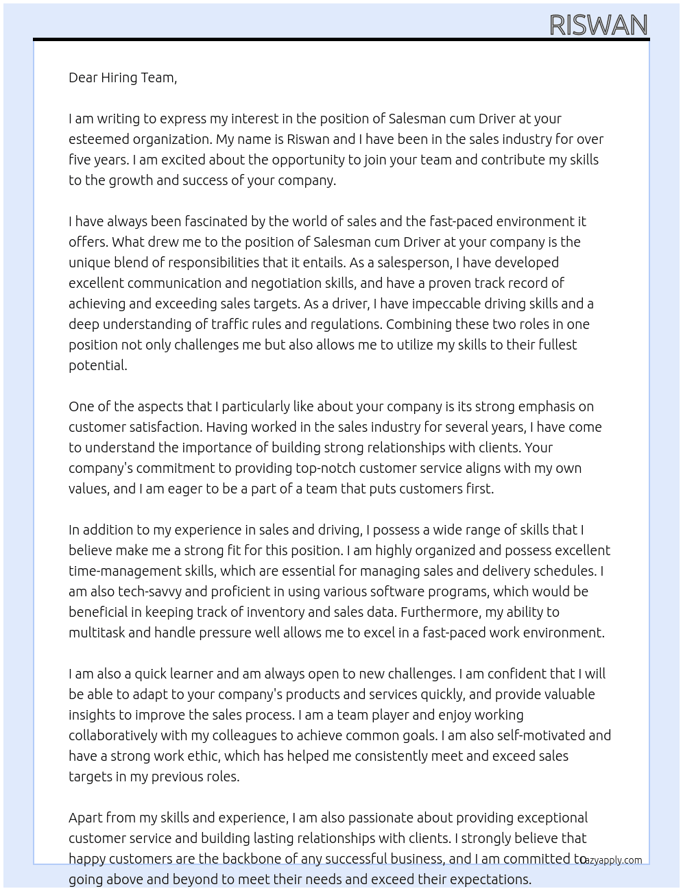Salesman cum driver At Any  Cover Letter