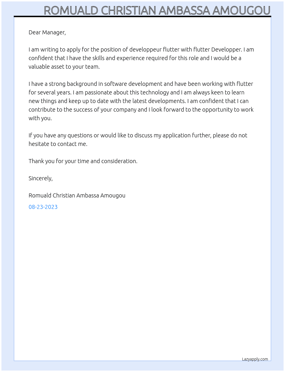 developpeur flutter At flutter Developper Cover Letter