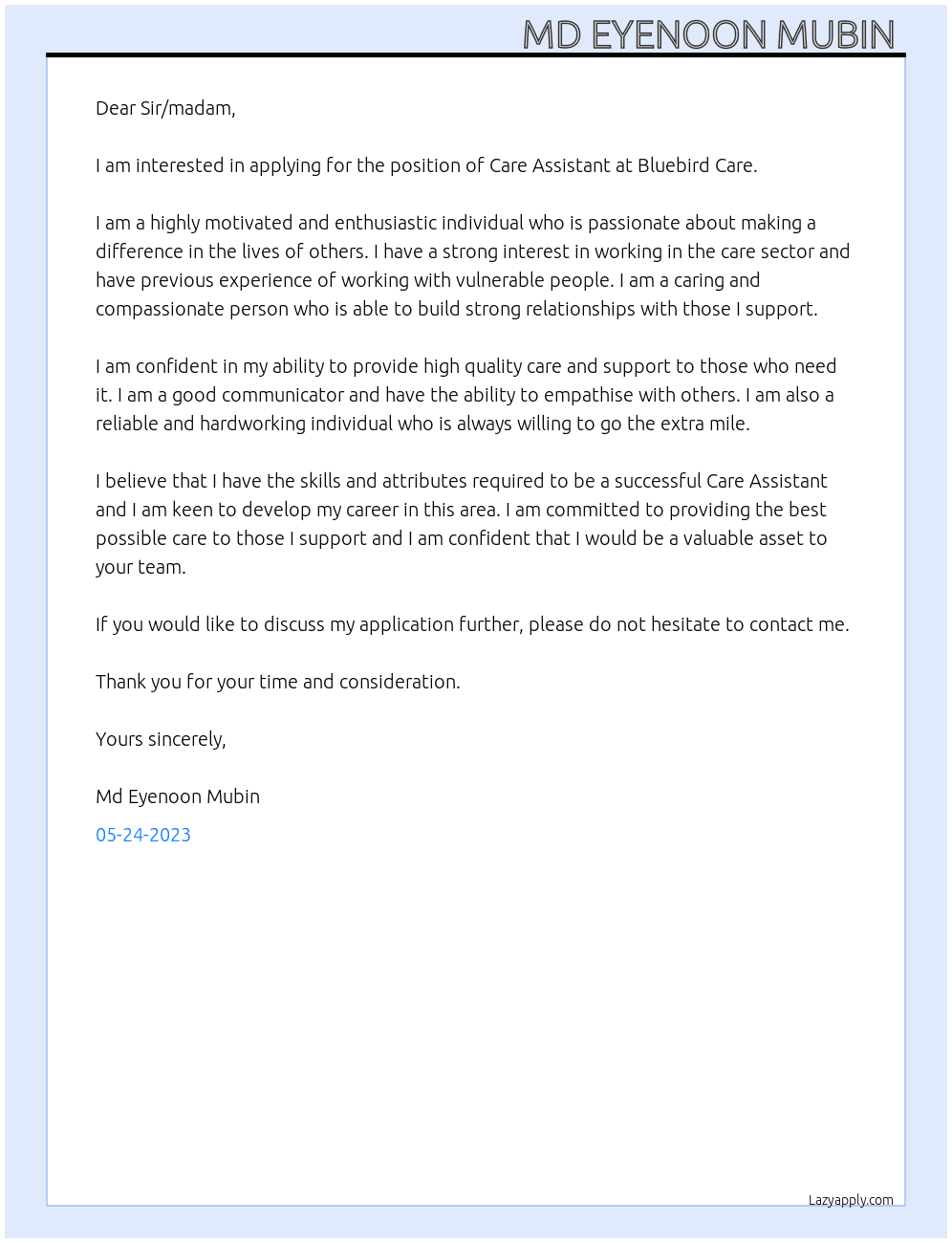 Care Assistant  At Bluebird Care Cover Letter