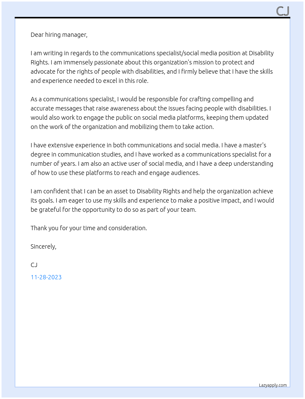 communications specialist/ social media At disability rights Cover Letter