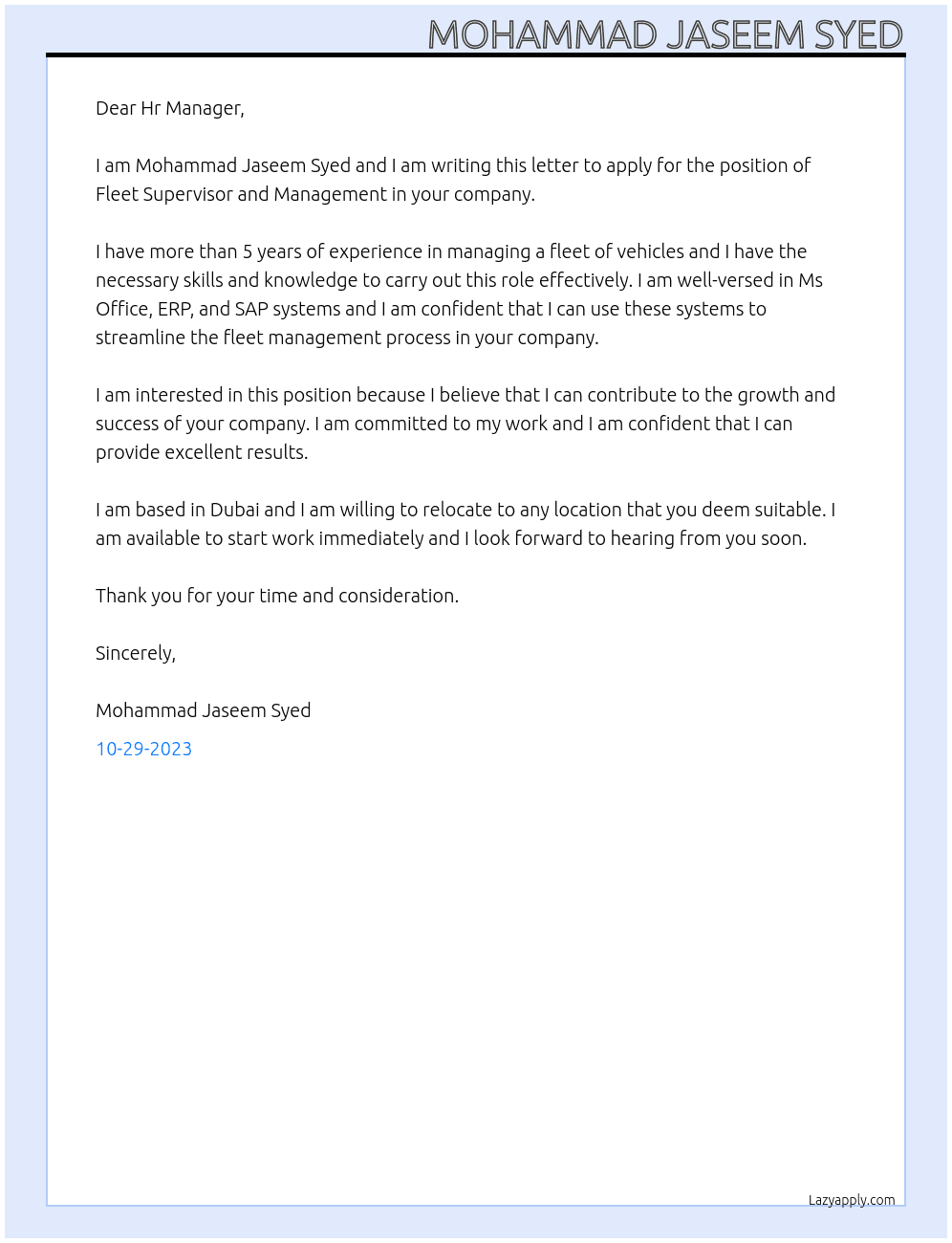 Fleet Supervisor and Management  At Respected  Cover Letter
