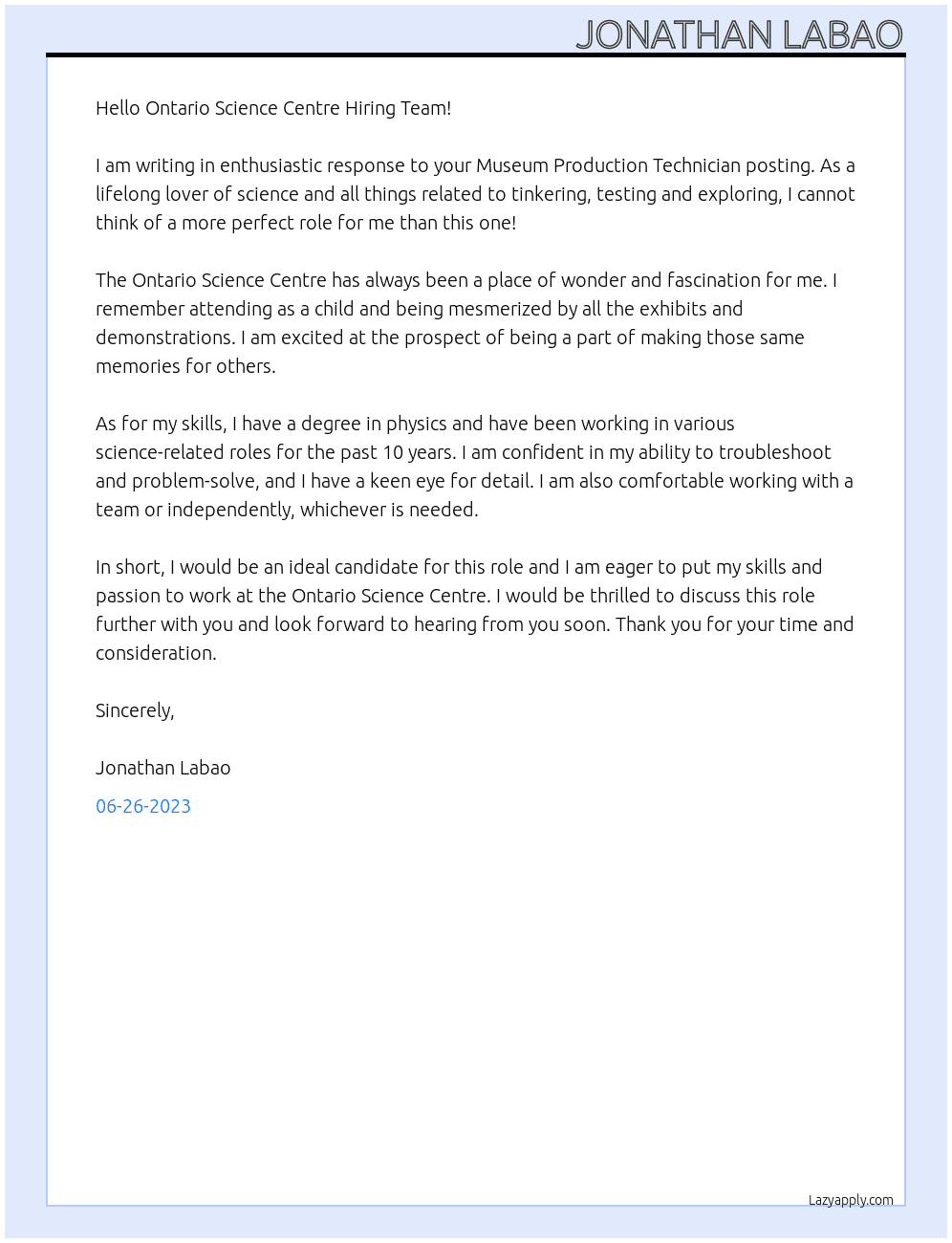 Museum Production Technician At Ontario Science Centre Cover Letter