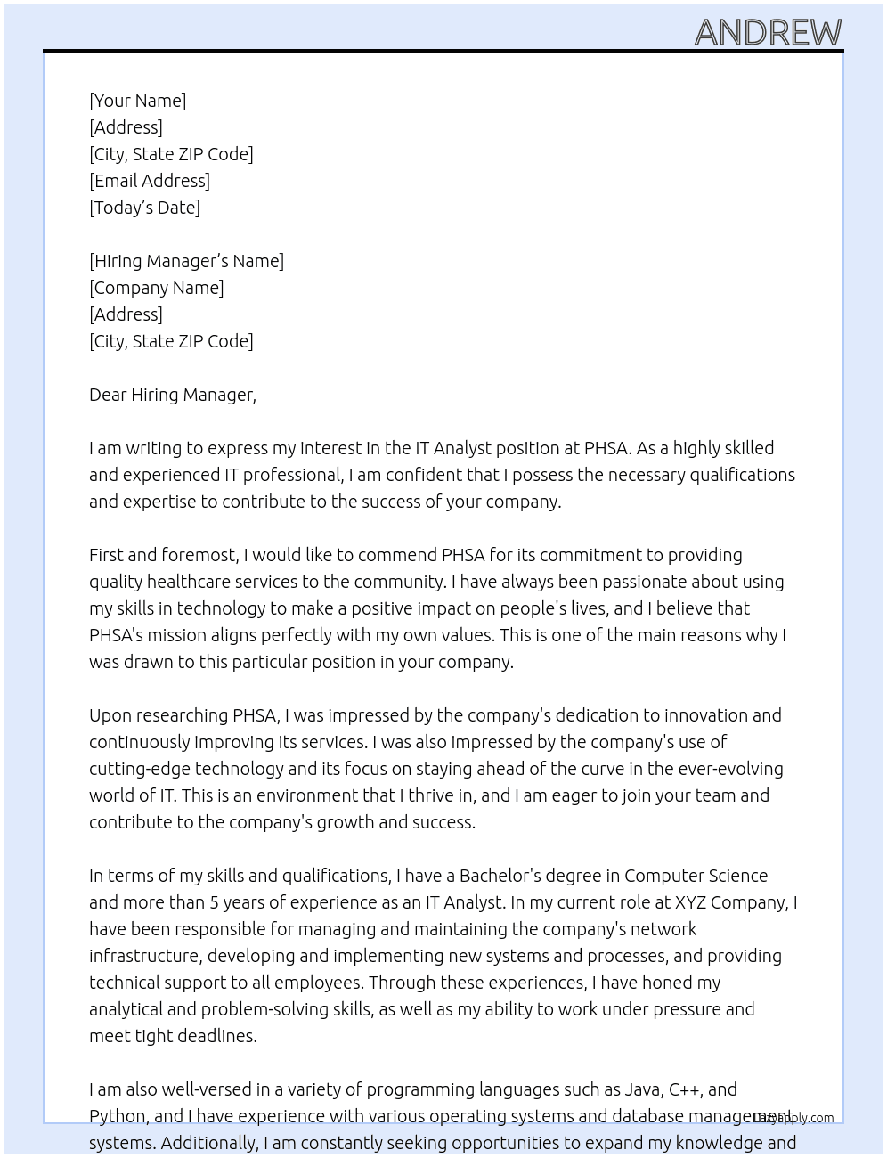 IT Analyst  At PHSA Cover Letter