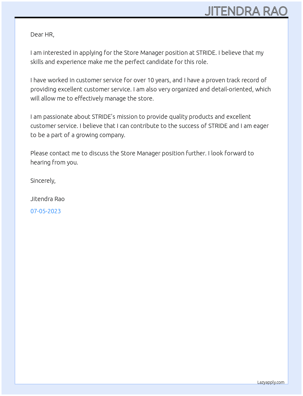 STORE MANAGER At STRIDE Cover Letter