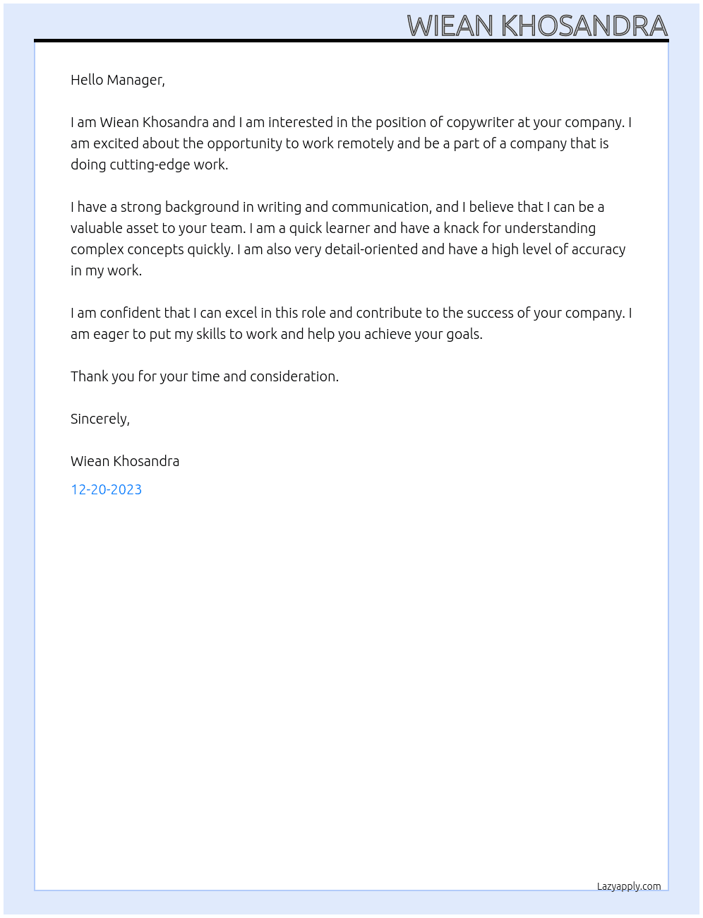 copy writer At remote working Cover Letter
