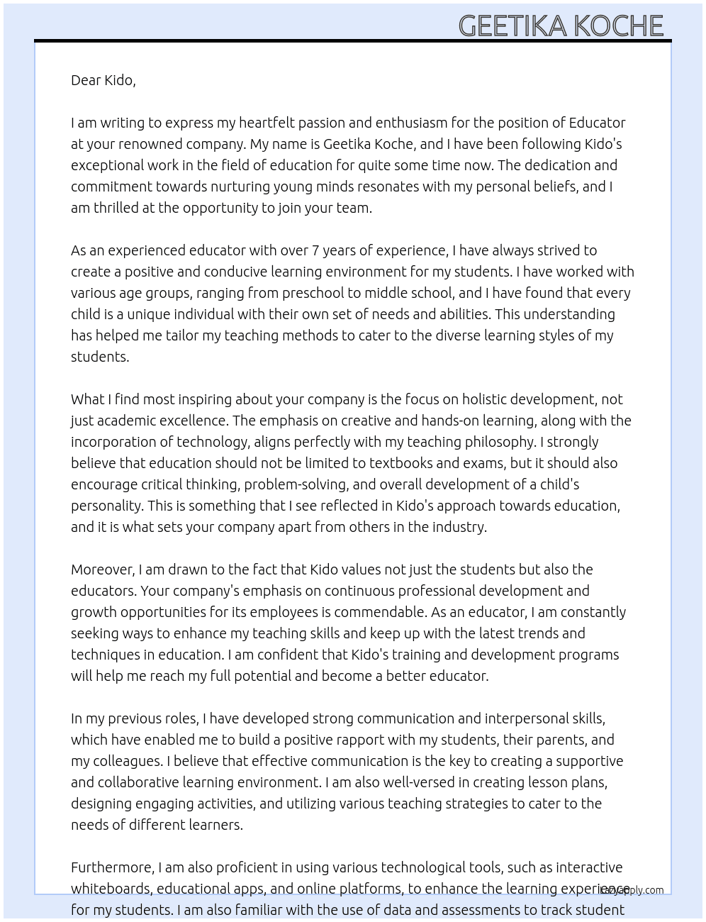 Educator At Kido Cover Letter