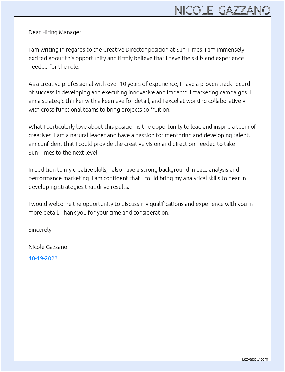 Creative Director  At Sun-Times Cover Letter