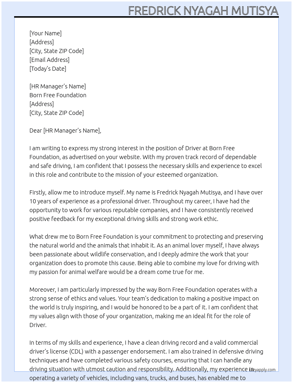DRIVER At Born Free Foundation Cover Letter