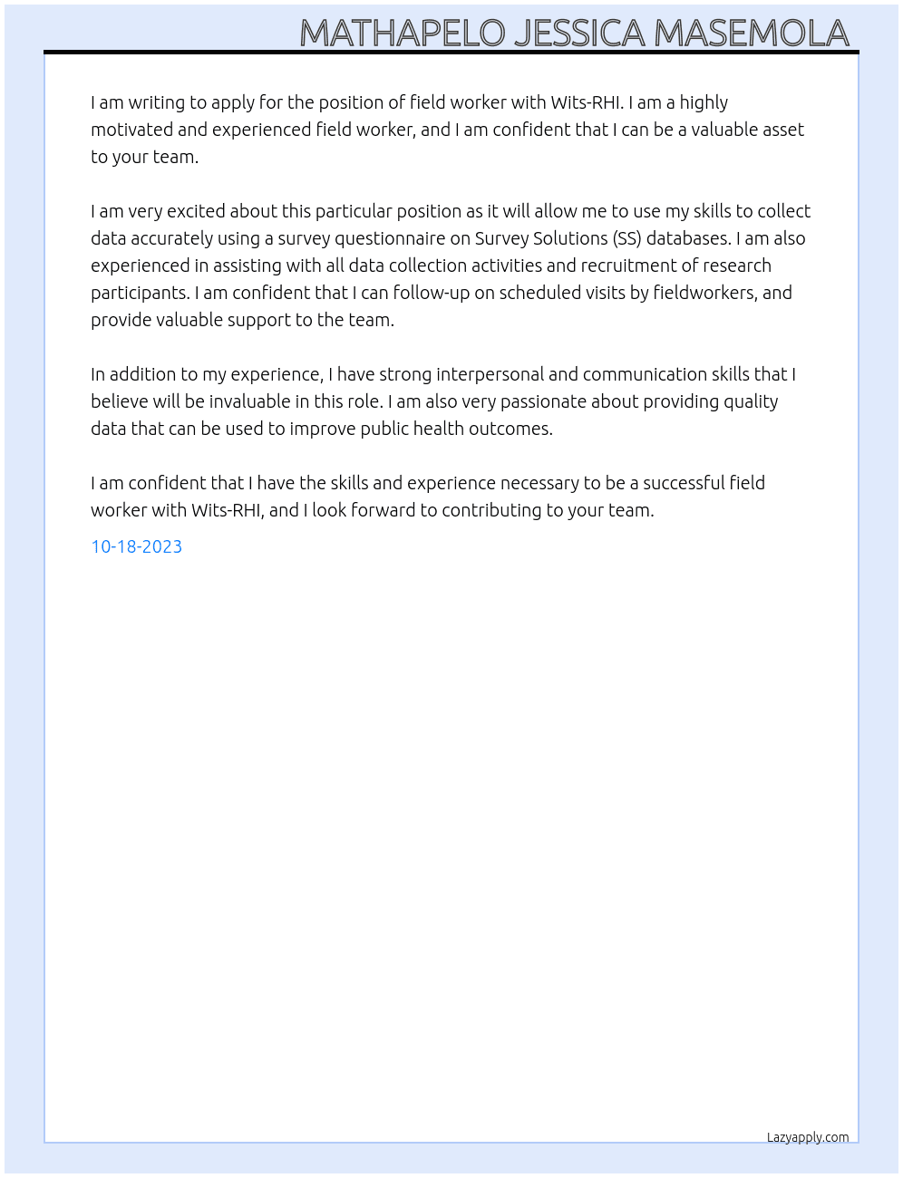 field worker  At wits-rhi Cover Letter