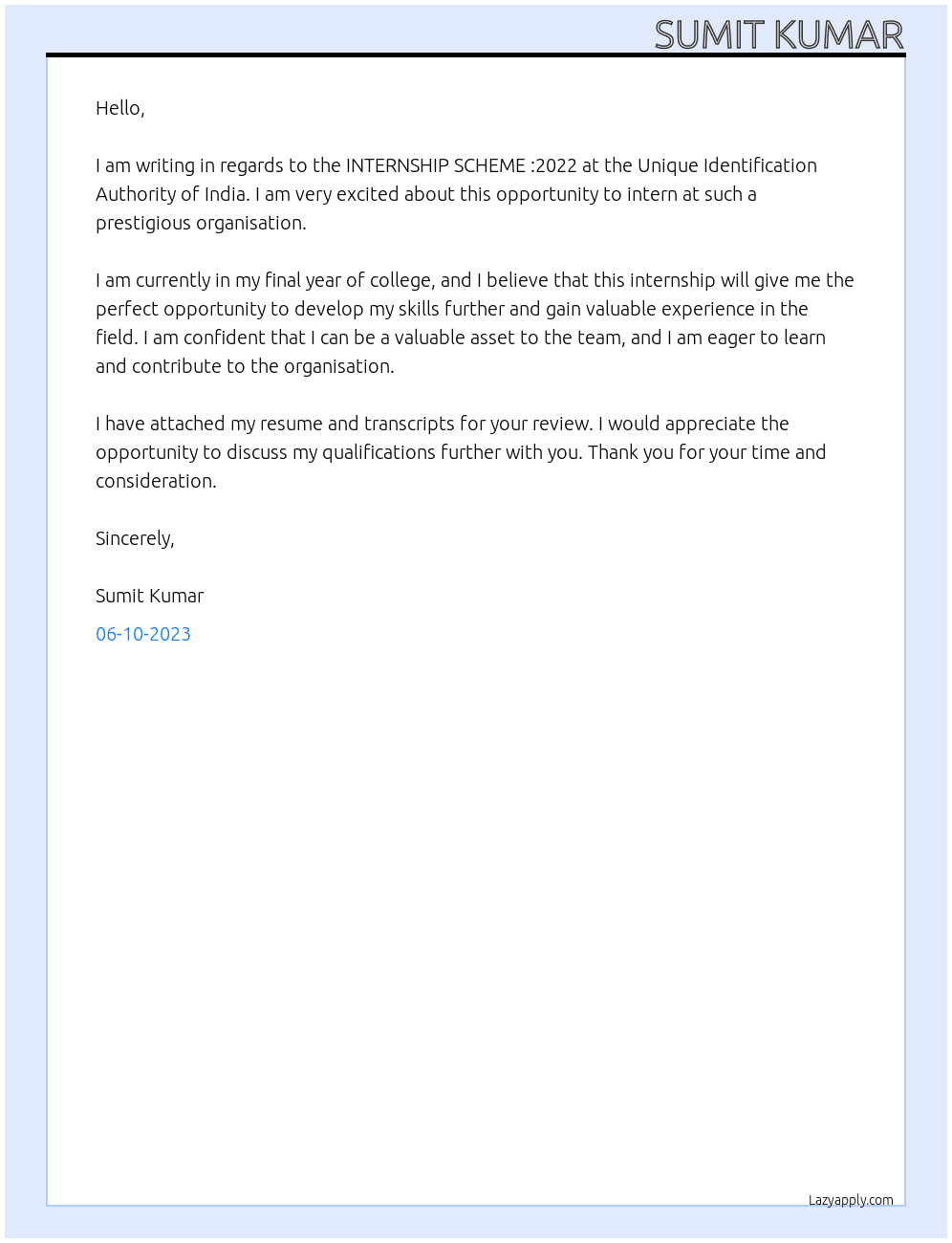 INTERNSHIP SCHEME :2022 At Unique Identification Authority of India Cover Letter