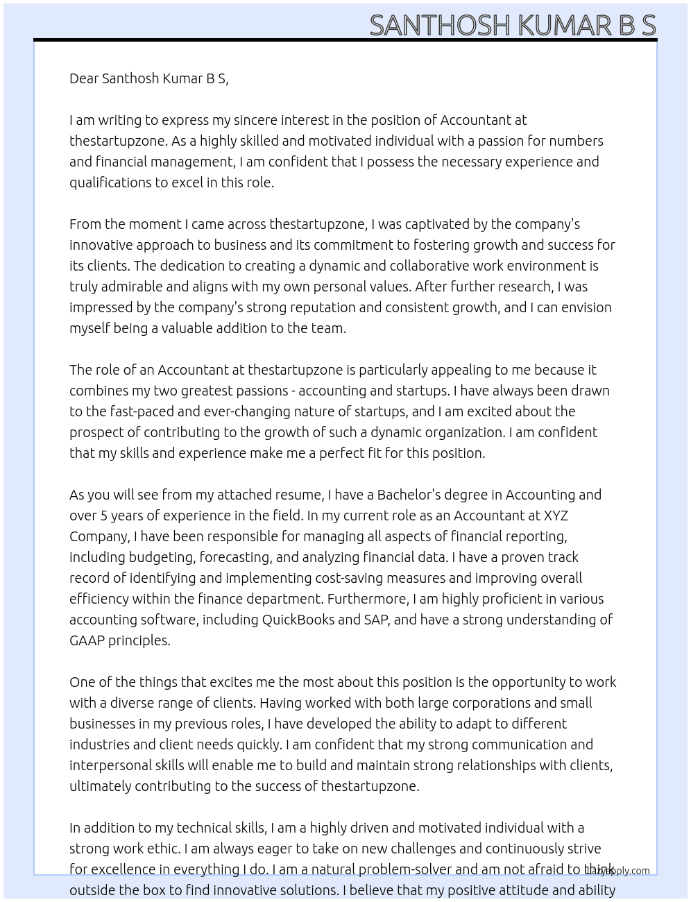 Accountant  At thestartupzone Cover Letter