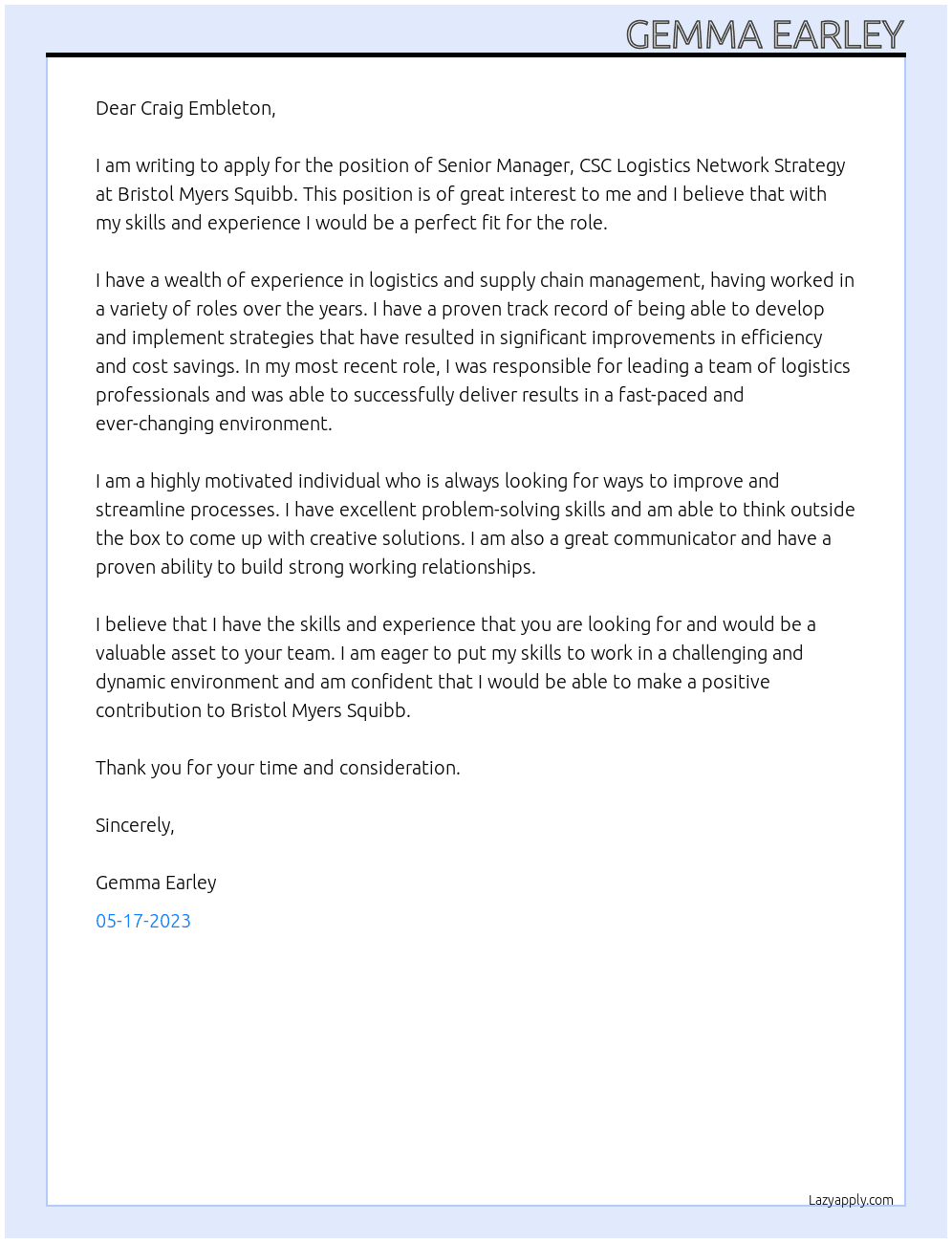 Senior Manager, CSC Logistics Network Strategy At Bristol Myers Squibb Cover Letter