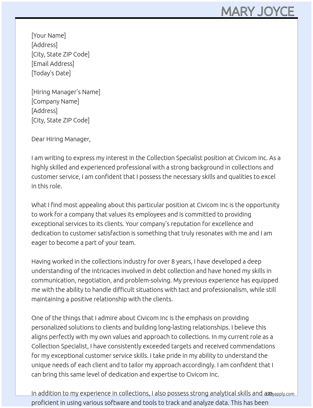 Collection Specialist  At Civicom Inc Cover Letter