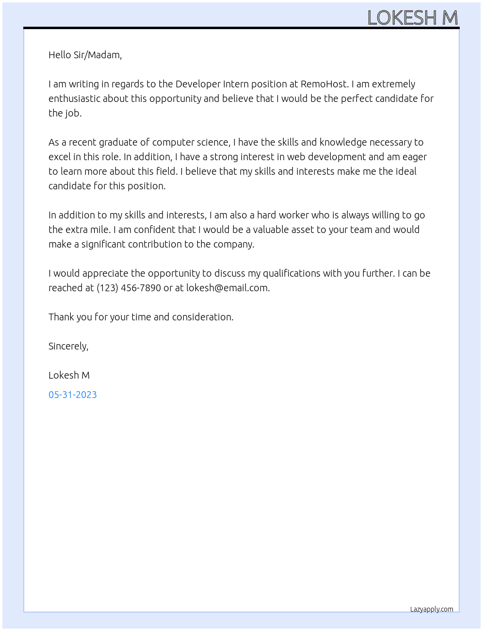 Developer Intern At RemoHost Cover Letter