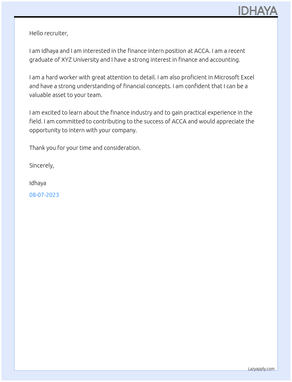 Finance Intern At ACCA Cover Letter
