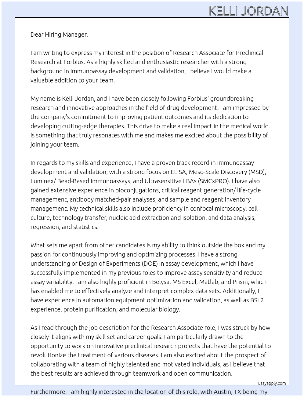 Research Associate, Preclinical Research At Forbius Cover Letter