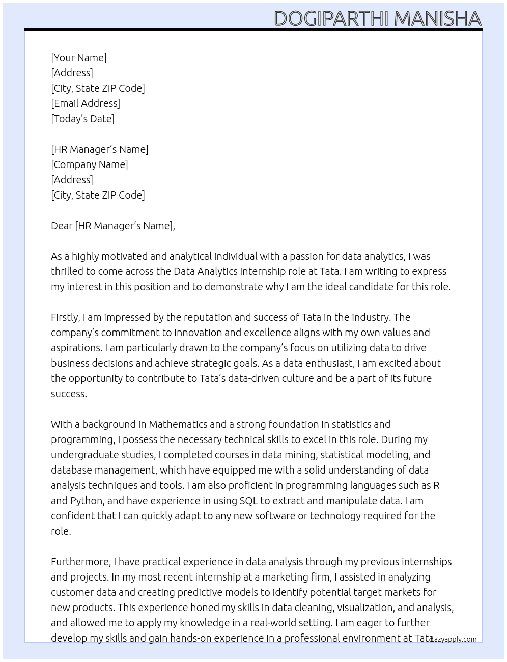 data analytics At Tata Cover Letter