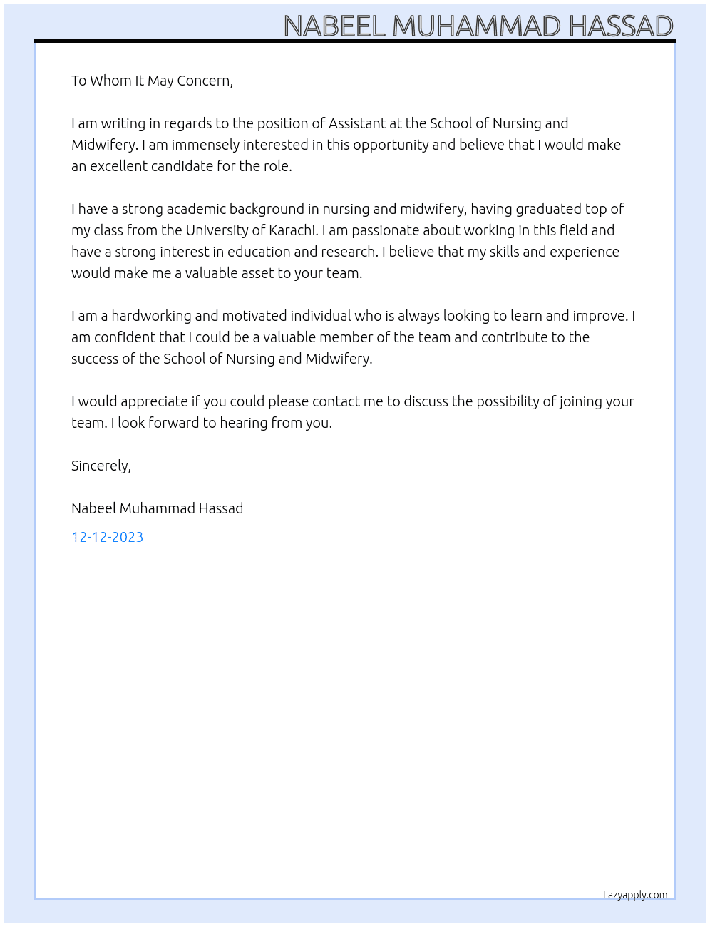 Assistant At Aga Khan University Hospital Cover Letter