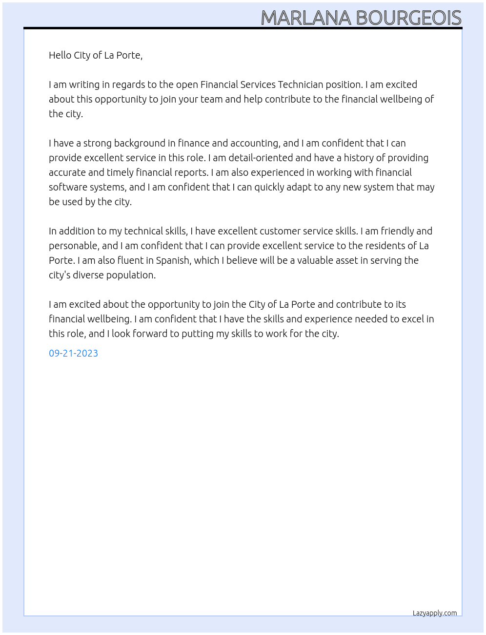 Financial Services Technician At City of La Porte Cover Letter