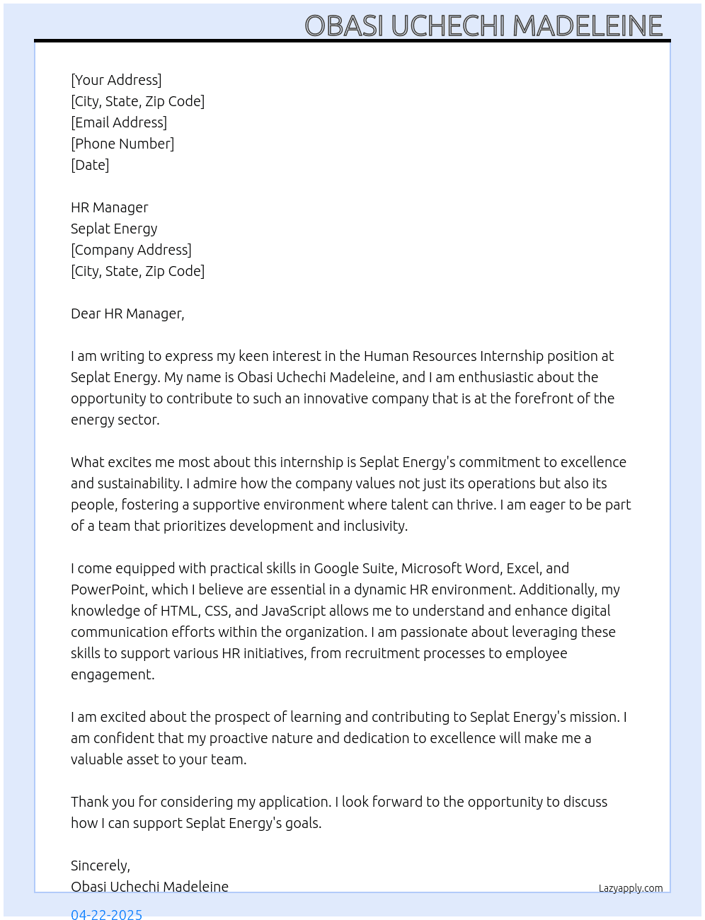 Human resources  At Seplat energy  Cover Letter
