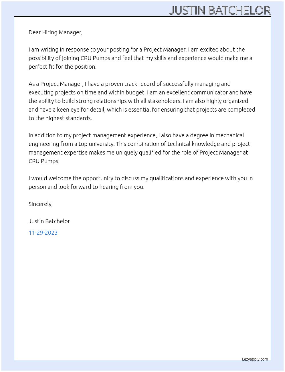 Project Manager At CRU Pumps Cover Letter