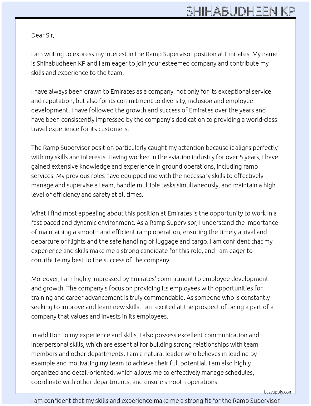Ramp supervisor  At EMIRATES Cover Letter