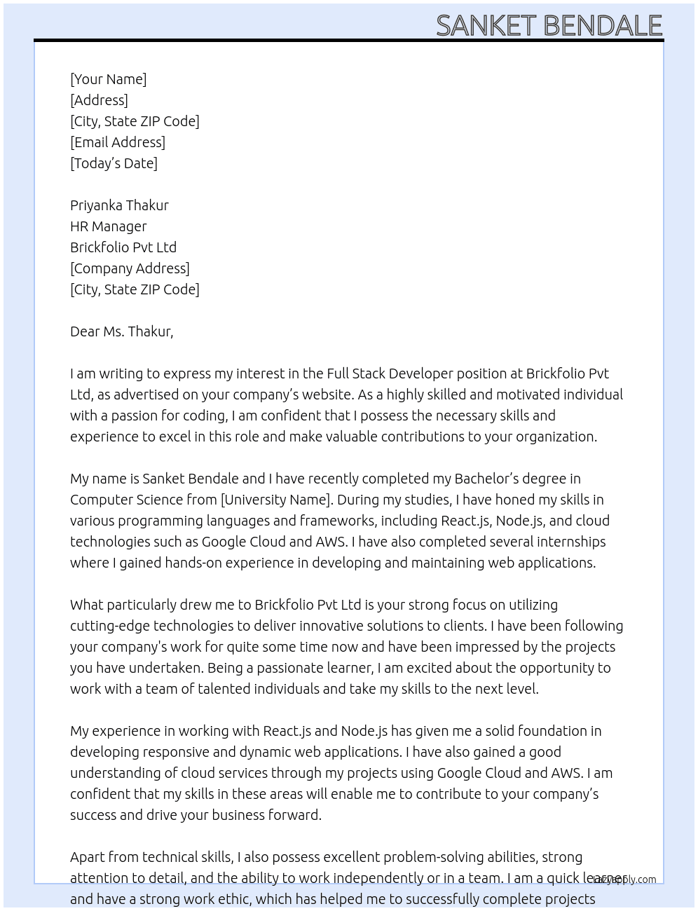 Full stack developer At Brickfolio Pvt Ltd  Cover Letter