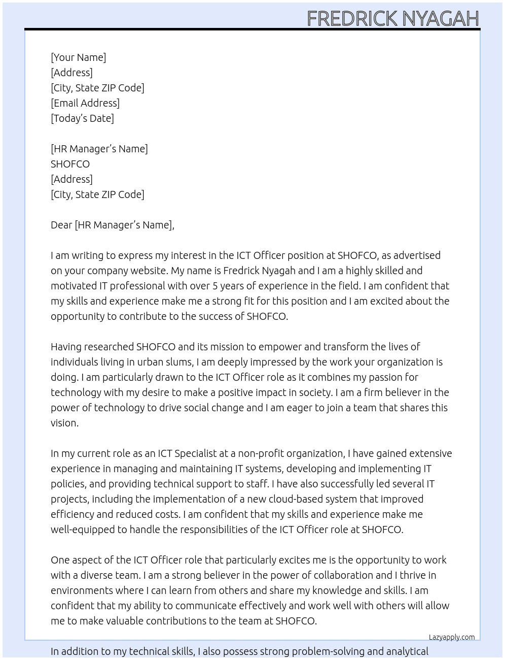 ict officer At shofco Cover Letter