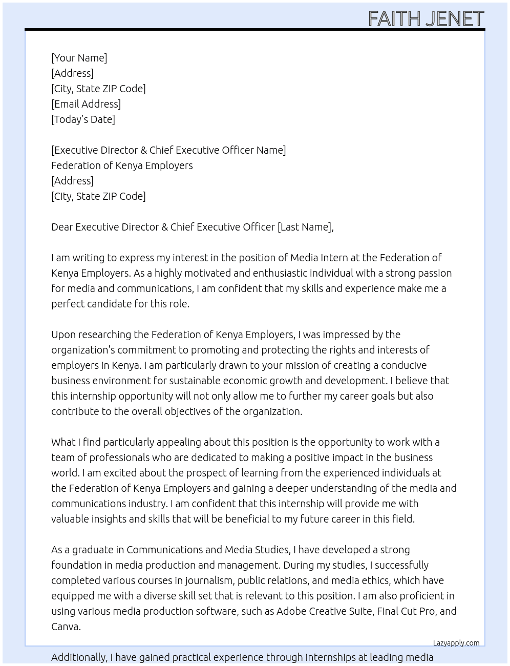 Media intern At Federation of Kenya Employers  Cover Letter