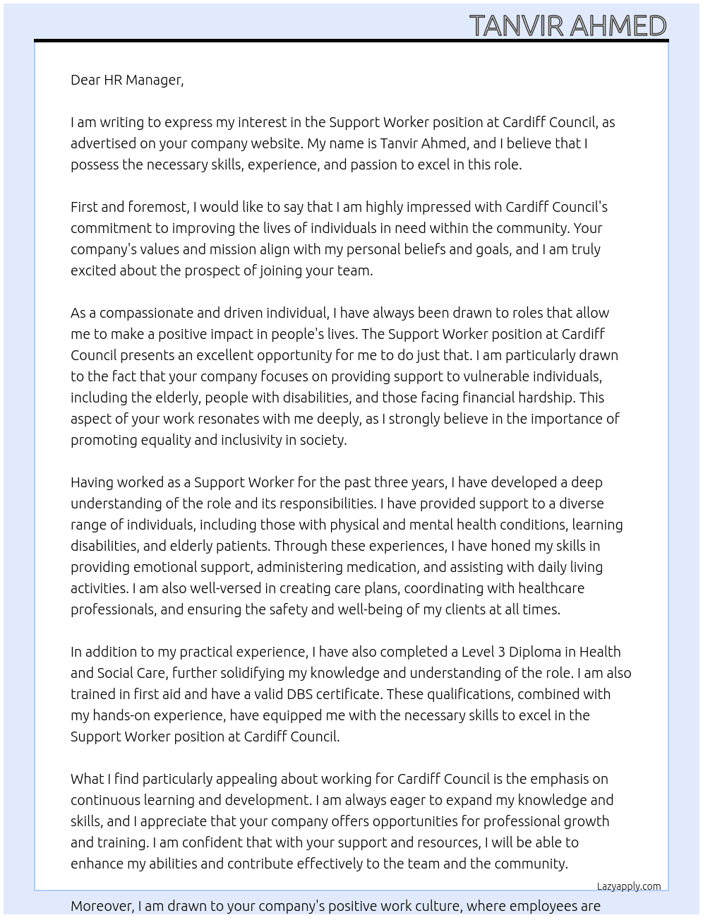 Support Worker  At Cardiff Council Cover Letter
