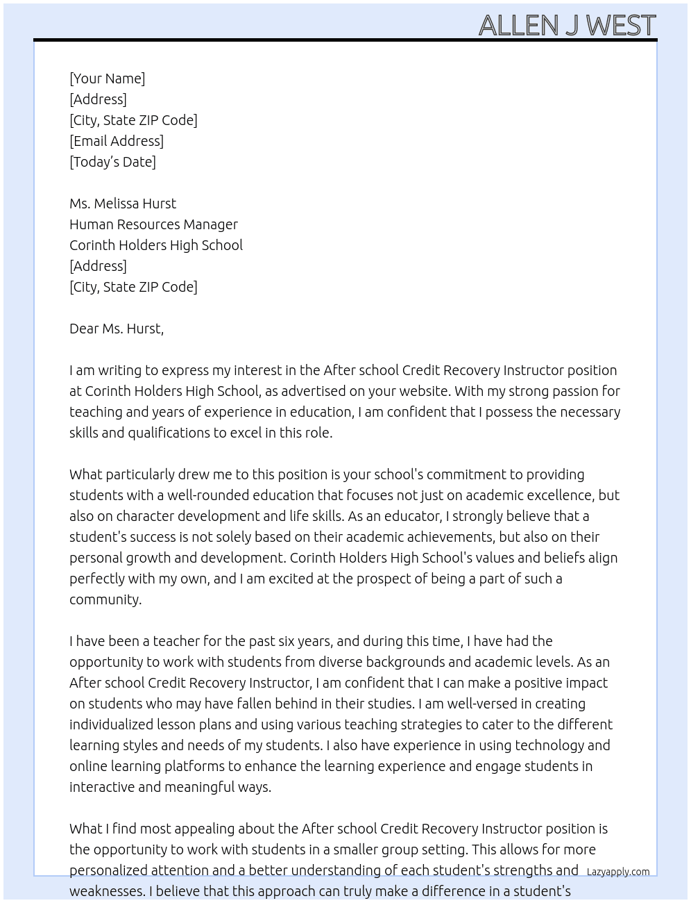 After school Credit Recovery Instructor At Corinth Holders High School Cover Letter