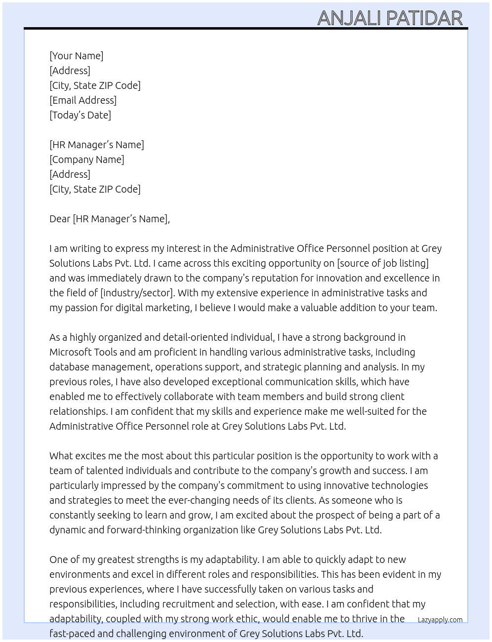 Administrative office personnel At GREY SOLUTIONS LABS PVT. LTD. Cover Letter