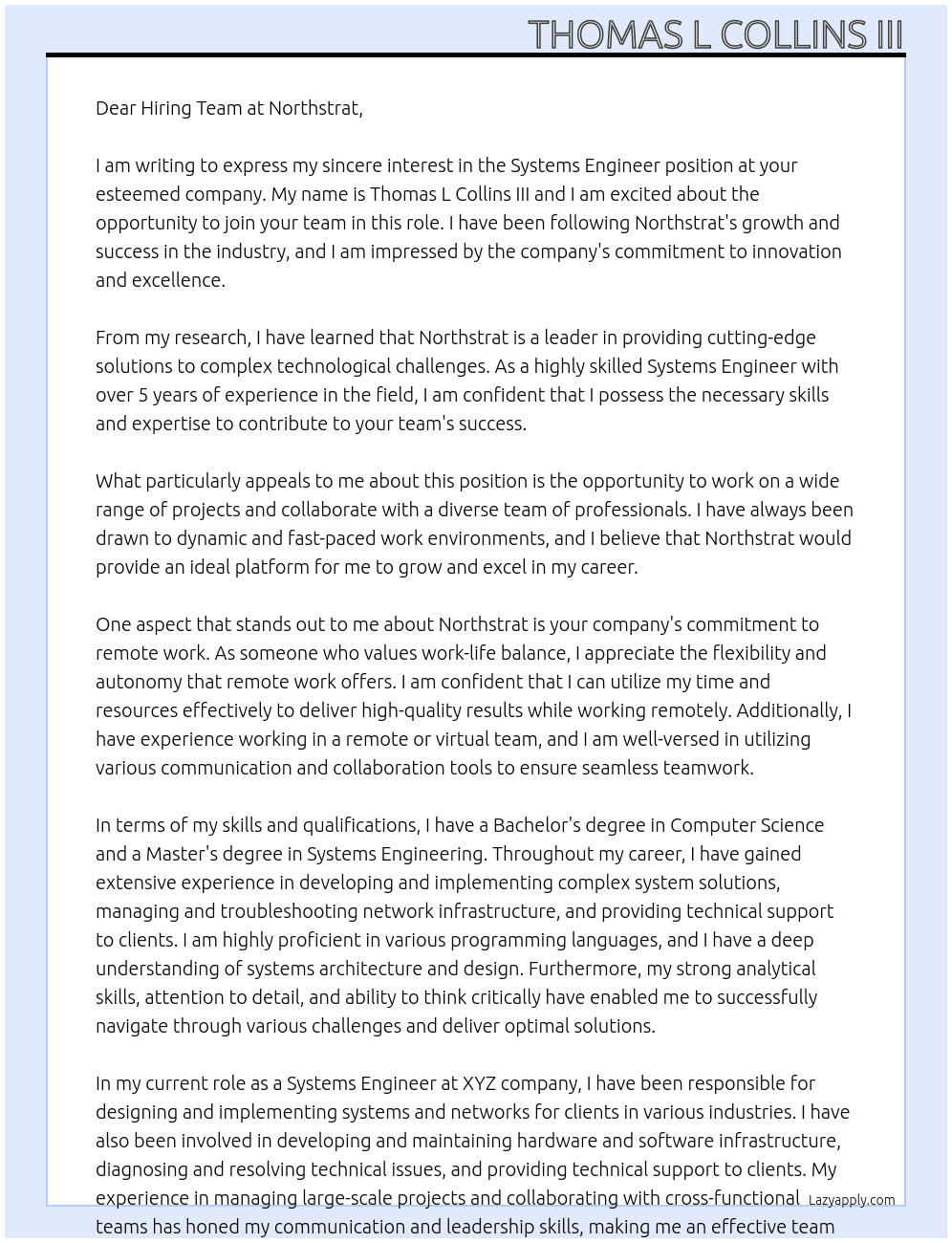 Systems Engineer At Northstrat Cover Letter