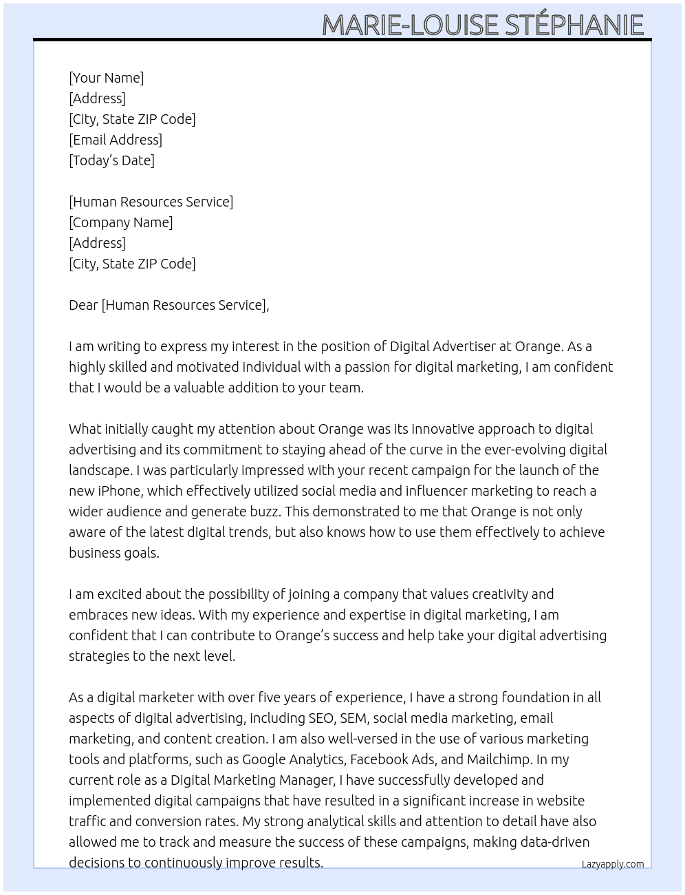 Digital advertiser At Orange  Cover Letter