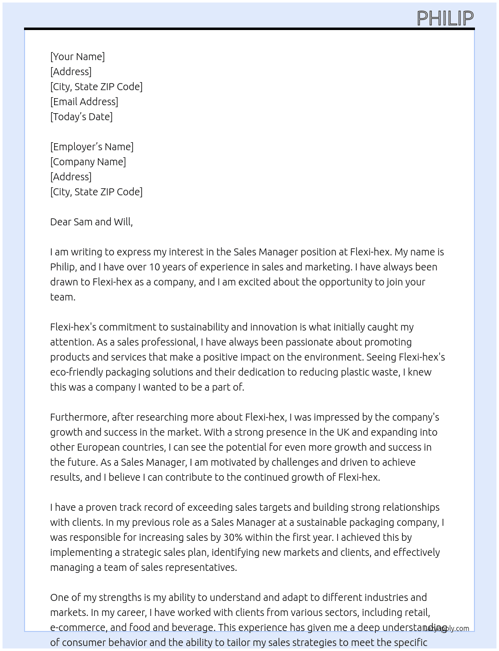 Sales Manager At Flexi-hex Cover Letter