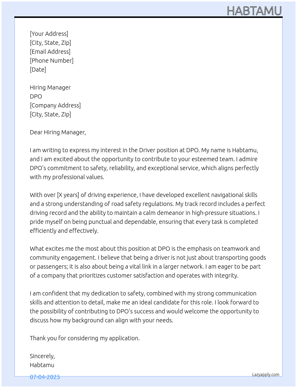 Driver  At DPO Cover Letter