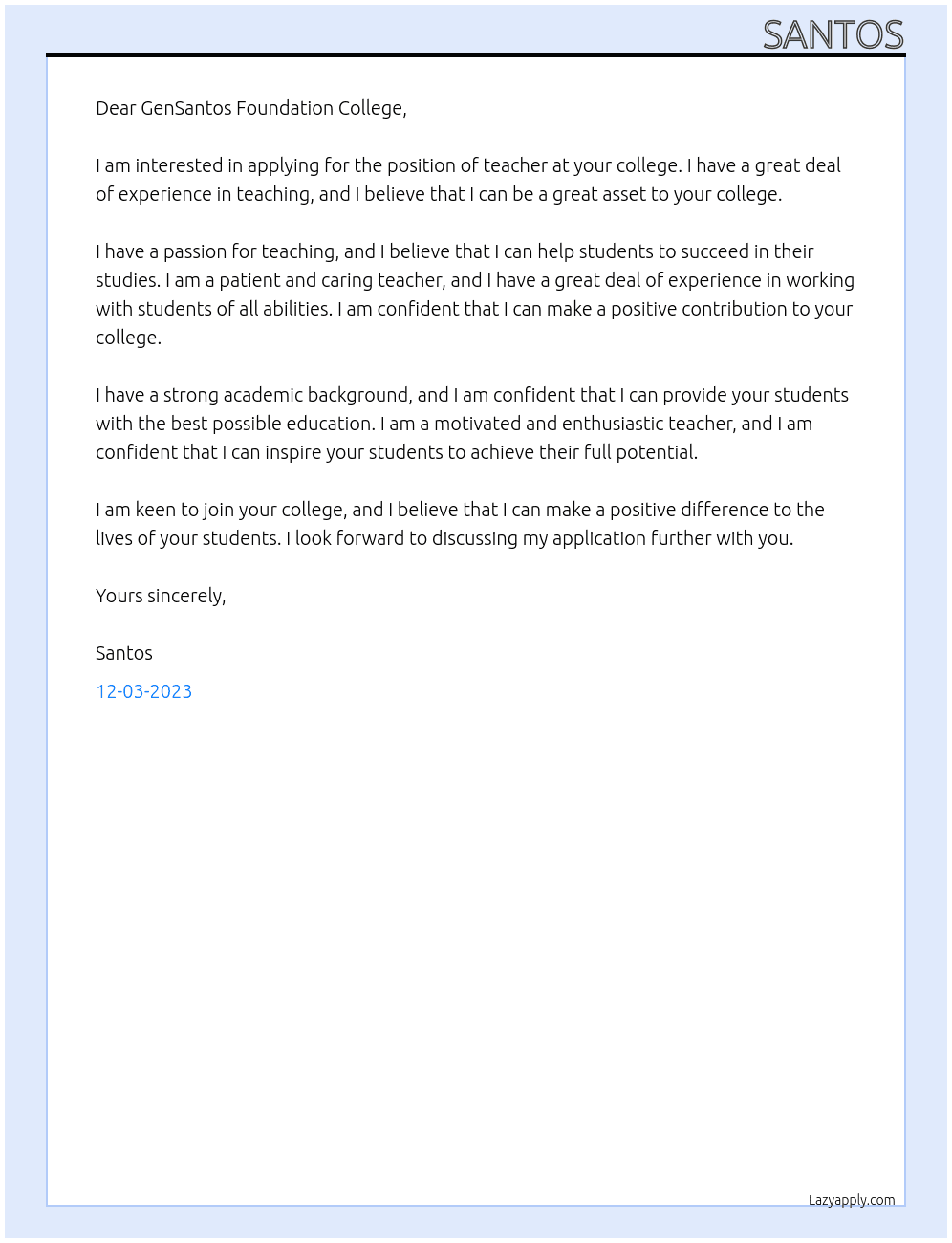Teacher At GenSantos Foundation College Cover Letter