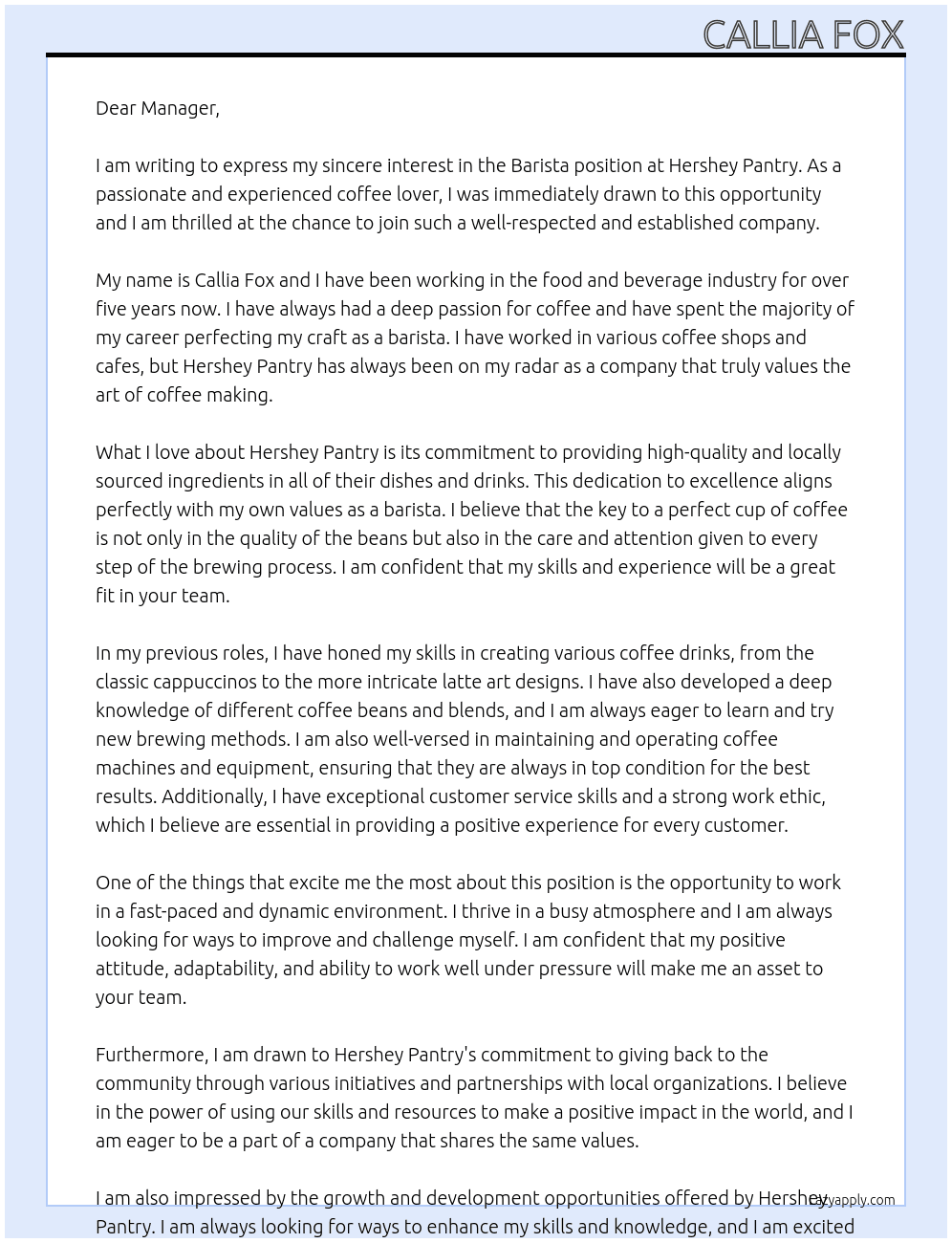 Barista At Hershey pantry Cover Letter