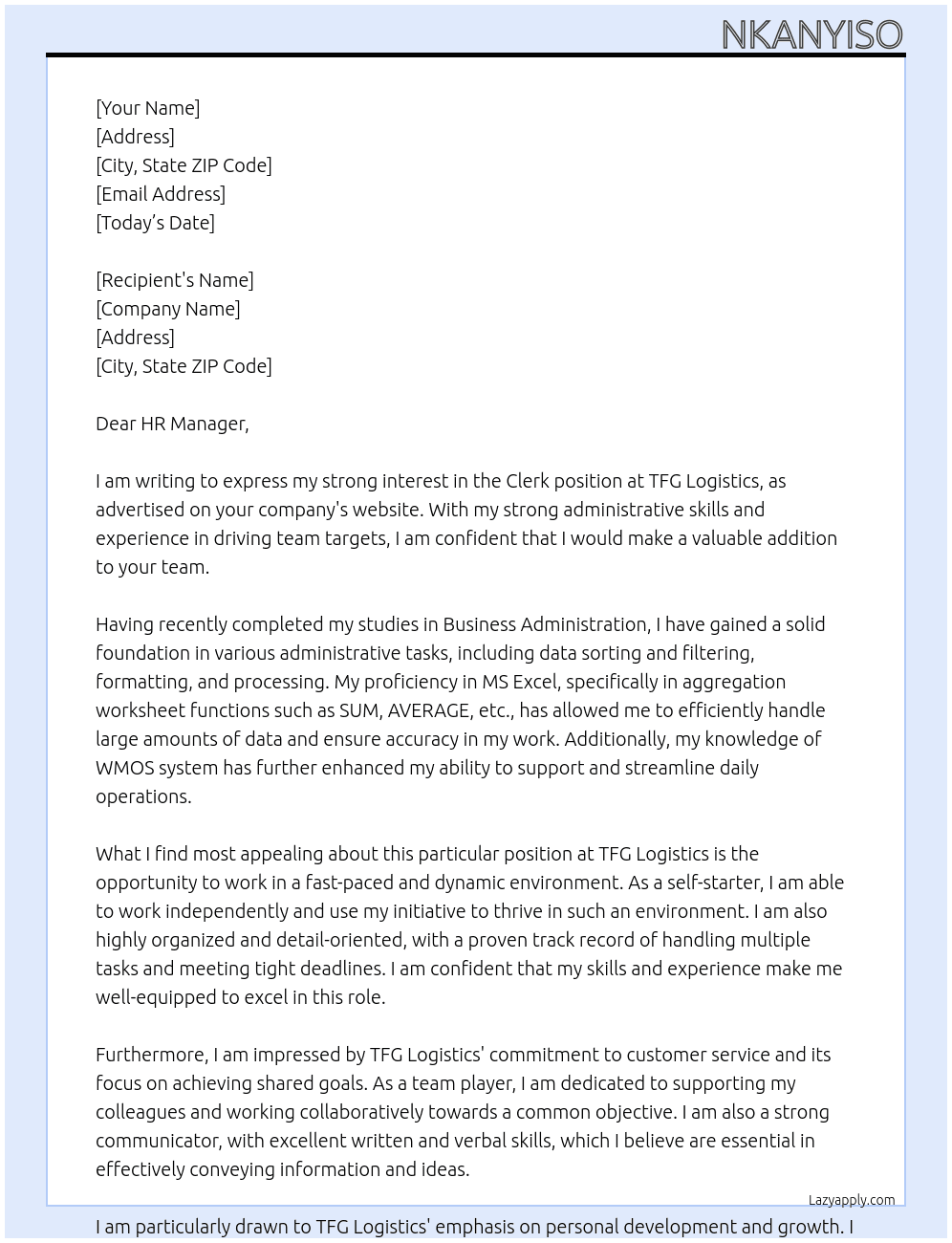 Clerk  At TFG Logistics Cover Letter