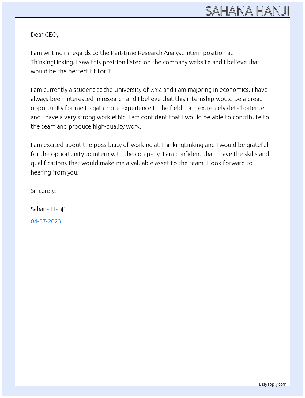 Part-time Research Analyst Intern At ThinkingLinking Cover Letter
