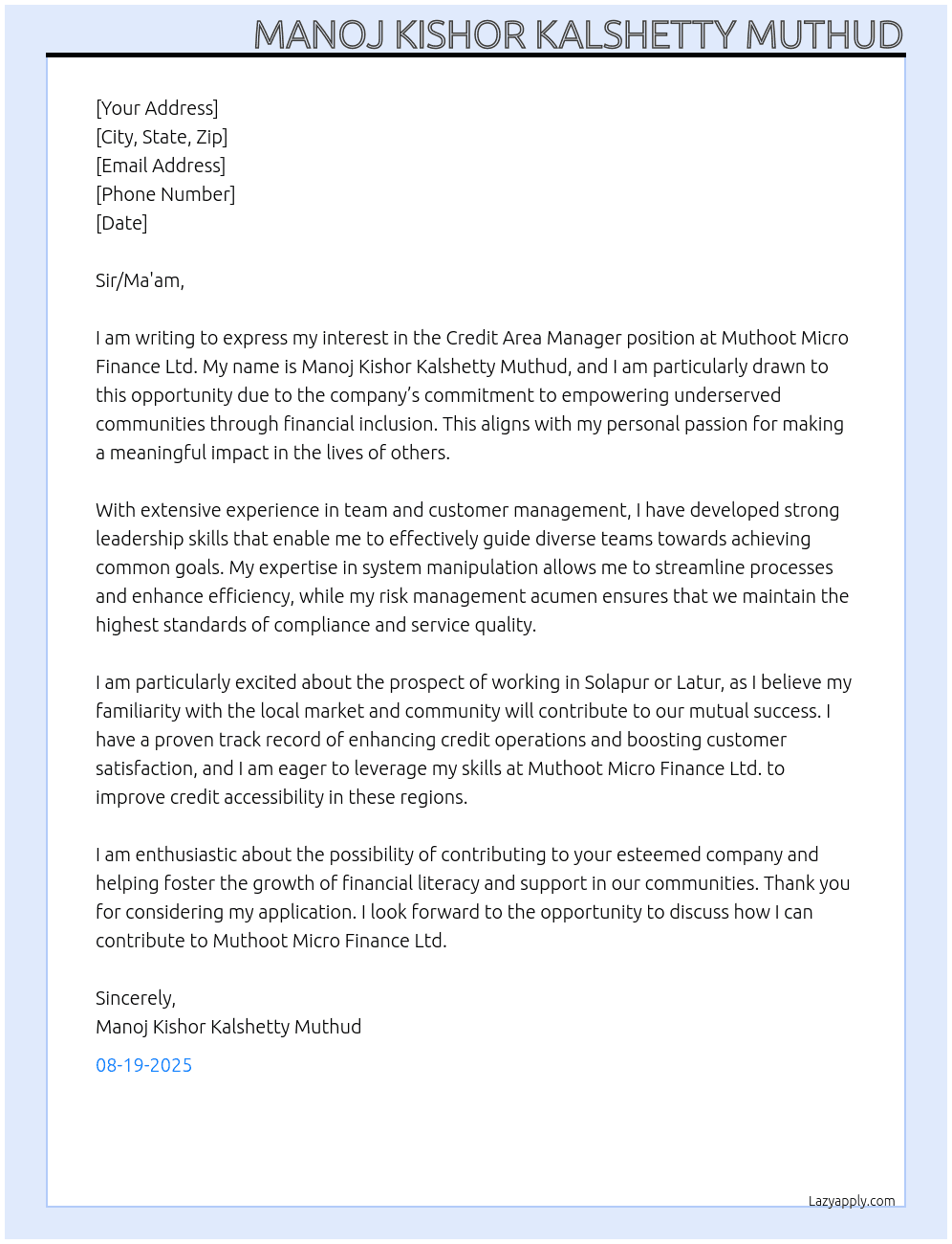 credit area manenger  At Muthoot micro finance Ltd. Cover Letter