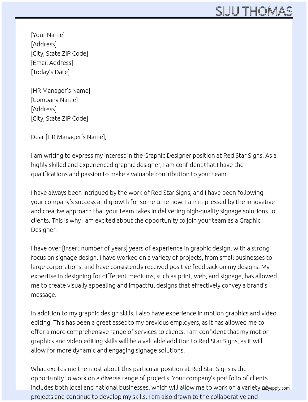 Graphic Designer At Red Star Signs Cover Letter