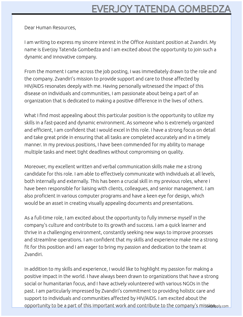 Office Assistant At Zvandiri Cover Letter