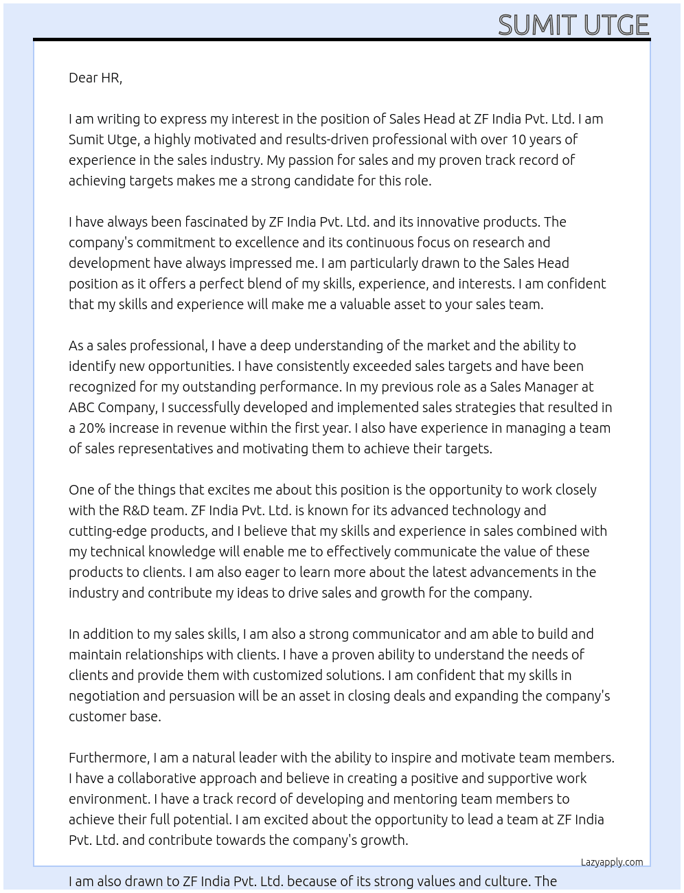 Sales Head At ZF India Pvt.Ltd. Cover Letter