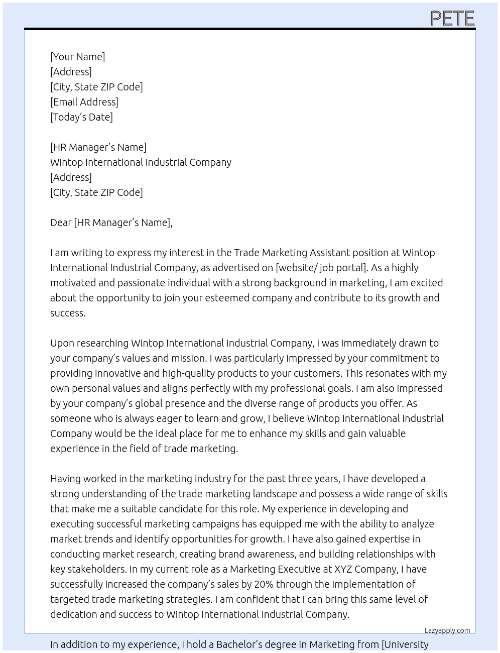 Trade marketing assistant  At Wintop International Industrial Company Cover Letter