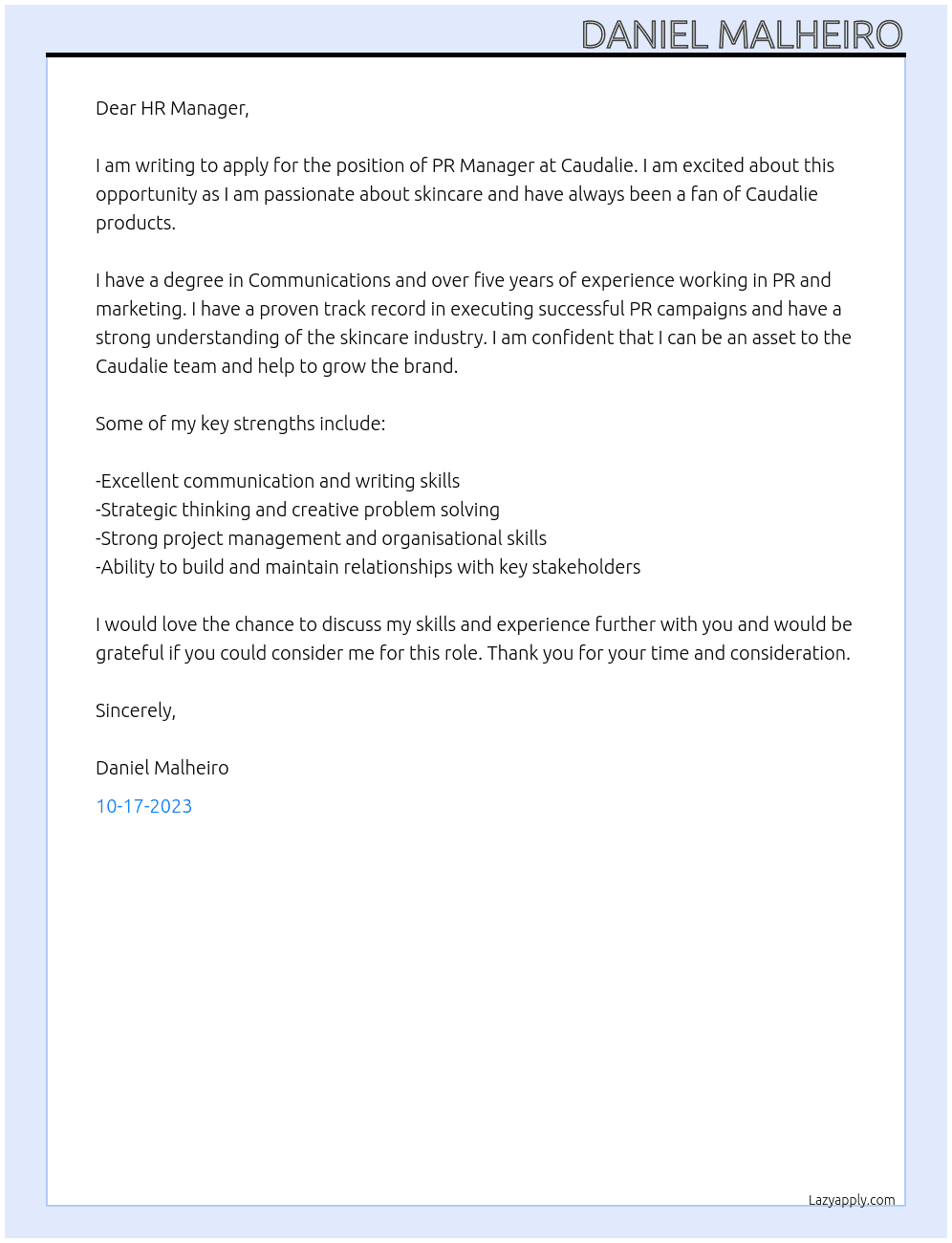 PR Manager At Caudalie Cover Letter