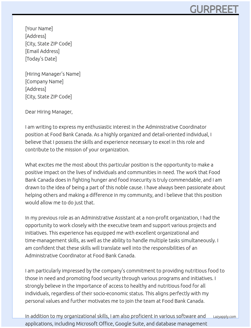 Administrative Coordinator At Food Bank Canada Cover Letter