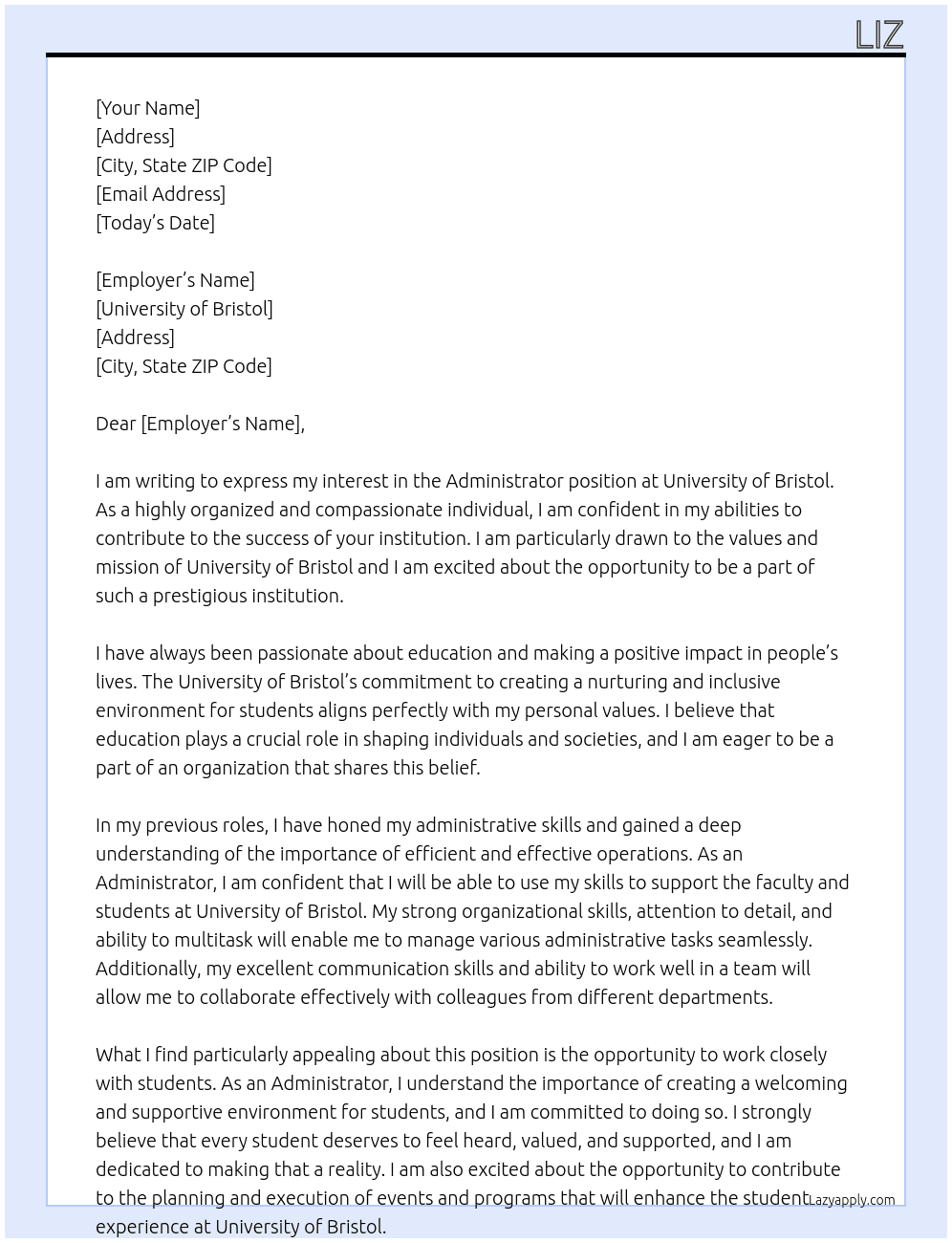 Adminisrator At University of Bristol  Cover Letter