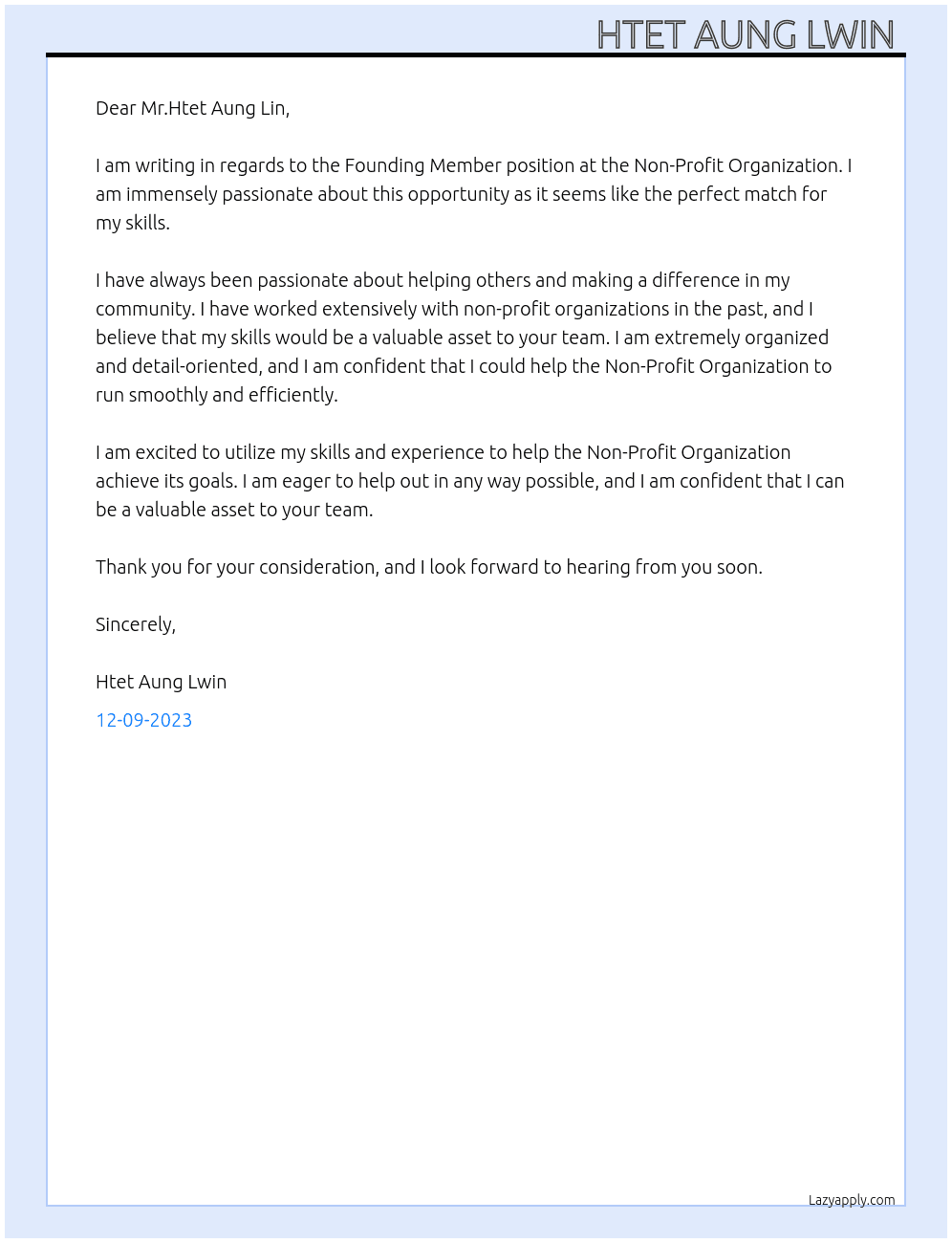 Founding Member At Non-Profit Organization Cover Letter
